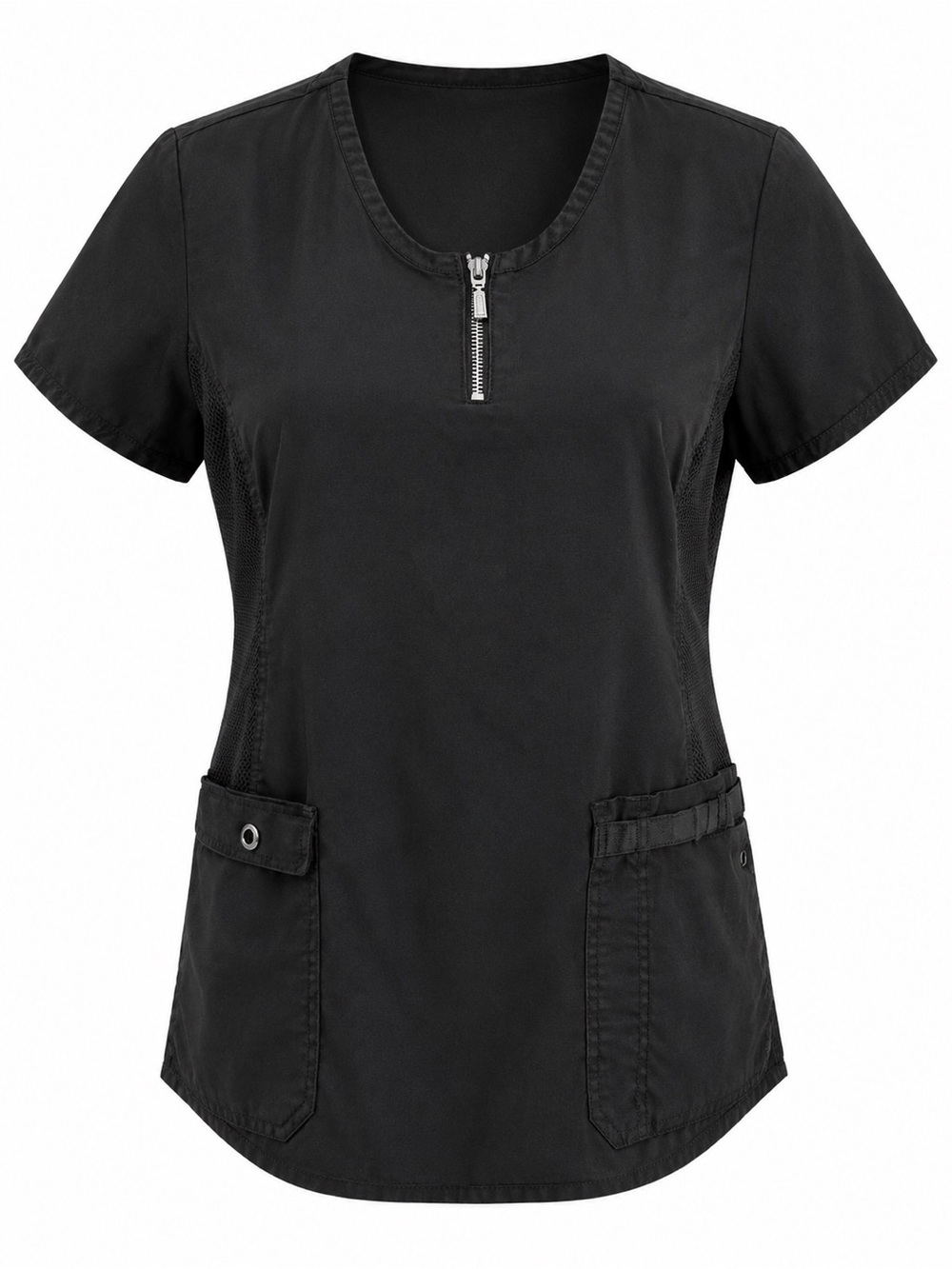Beyond Scrubs Black Short Sleeve Zip Front Medical Scrub Top